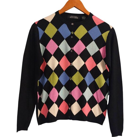 Cardigan Sweater Black Argyle Large Long Sleeves Colorful Preppy Classy Silk EUC - Picture 3 of 12